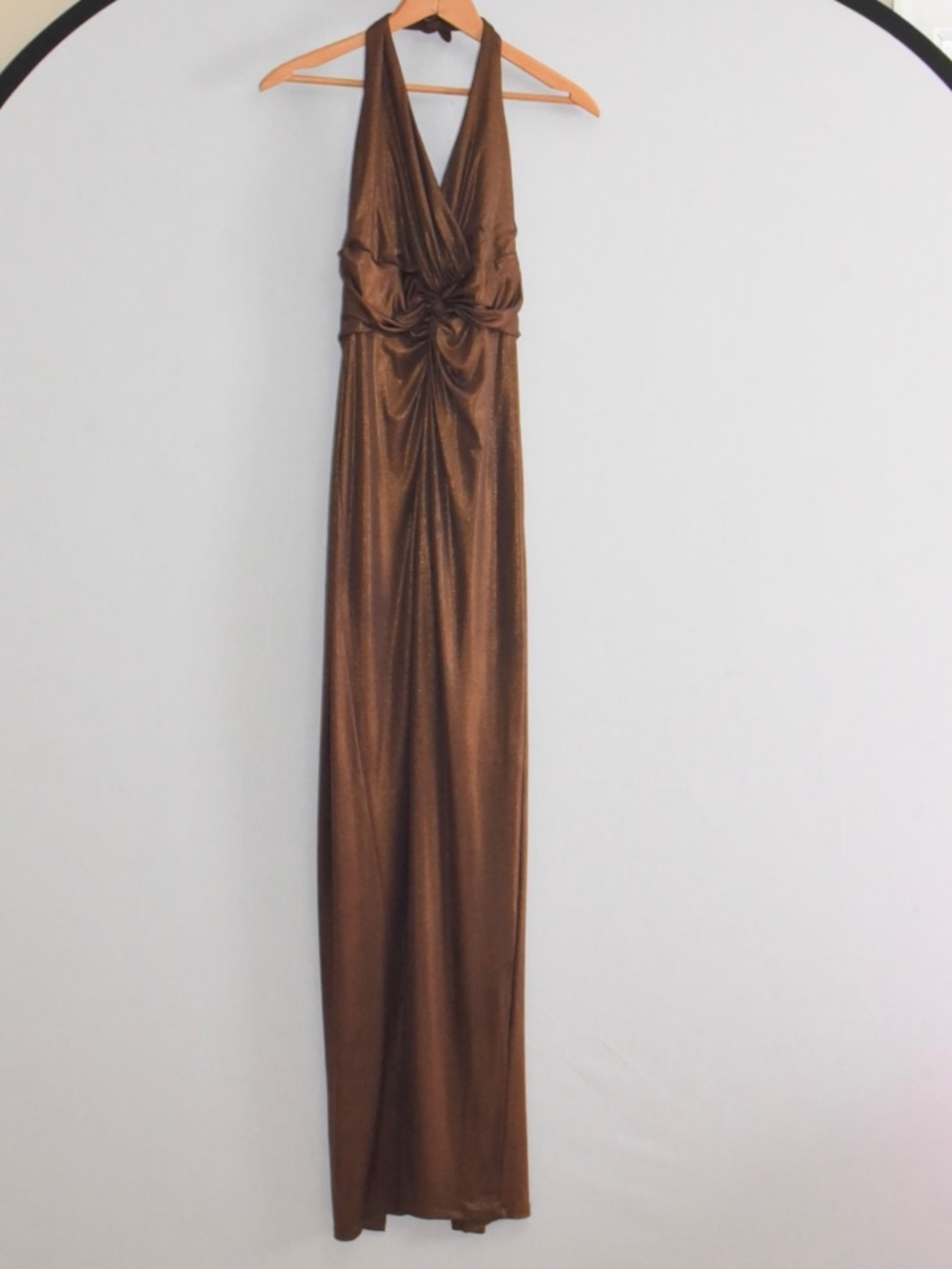 Vintage 2010 Brown Satin Halter Dress Tie Back Neck Bodycon Stretch Slit Back